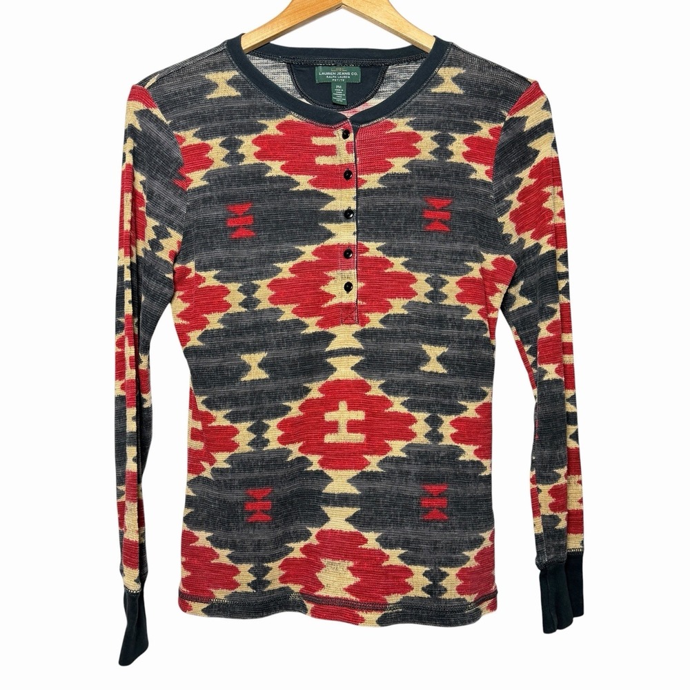 LRL Ralph Lauren Jeans Co Southwestern Aztec Print Thermal Henley Top Petite PM - Picture 2 of 10